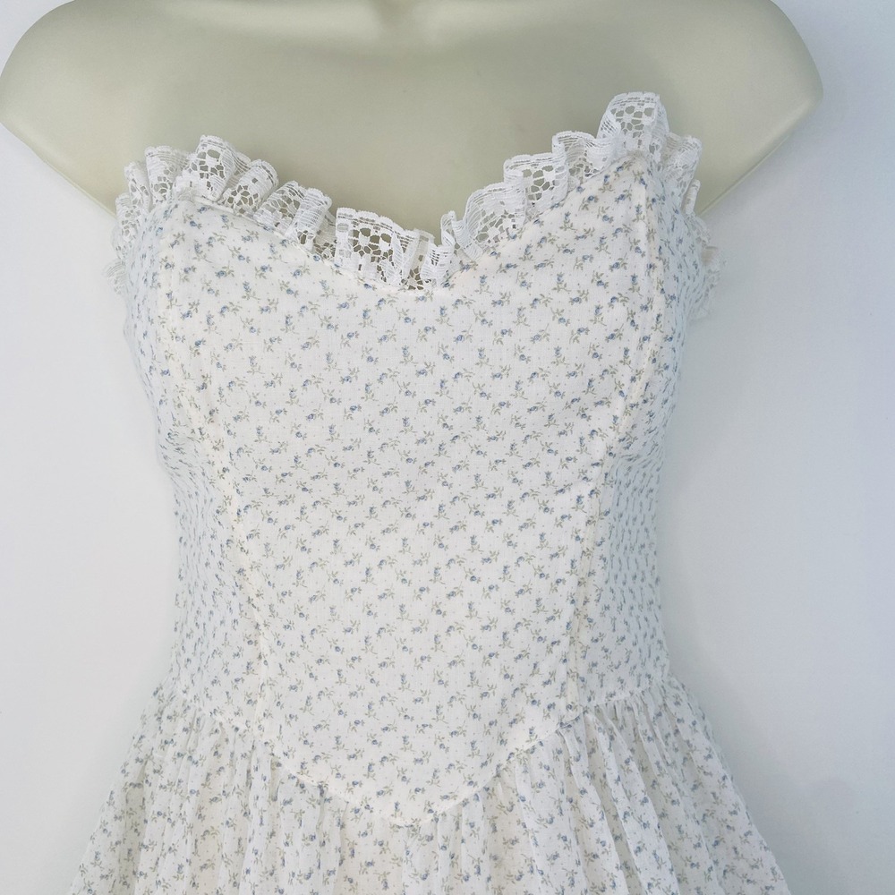 Vintage 70s Gunne Sax Blue Rosebud Floral Strapless Dress Cottage Size 7 Flaws